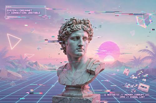 Vaporwave scene, roman statue with pastel gradient sky, glitch elements, retro surreal internet aesthetic