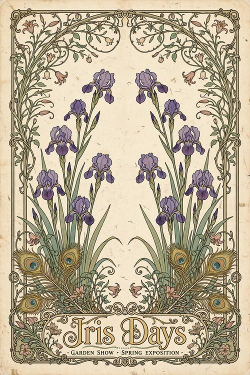 A tall poster for a garden show called 'Iris Days': tall irises rising in a symmetrical arch, curling peacock feathers at the base, the title in curvy lettering at the bottom. Vertical, symmetrical. Violet, sage, gold and cream. Lush and elegant. Art nouveau illustration: flowing whiplash curves in fine dark outlines, an ornamental arched frame of botanical curves, lilies, vines and long flowing tendrils, flat muted colors in sage, mustard gold, dusty rose and cream, a decorative curvy hand-lettered title in a 1900s style, aged lithograph paper. Elegant poster art, no photorealism.