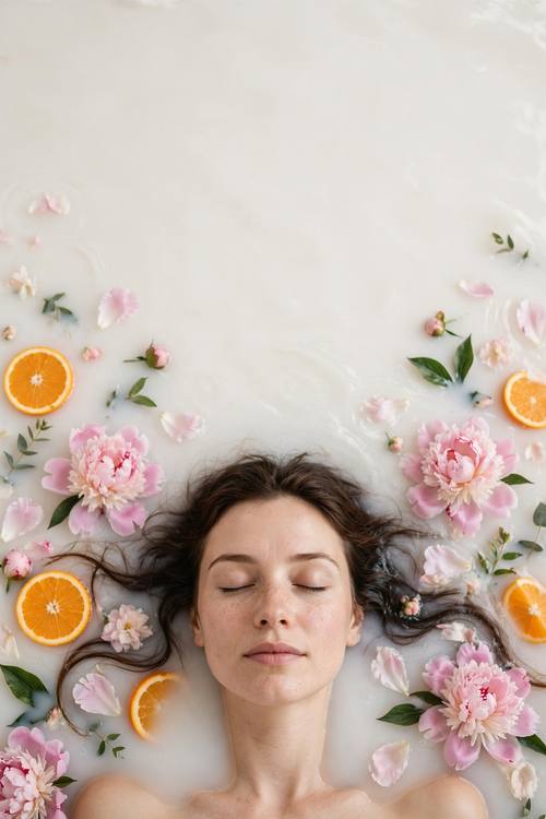 A woman's face and shoulders floating in milky water among pink peonies and orange slices, eyes closed, calm space at the top. Directly overhead. White, blush pink and orange. Serene. Milk bath photo: shot from directly overhead into milky white water, floating pastel flower petals, fruit slices and leaves around the subject, soft diffused daylight, gentle ripples, creamy white negative space for any words. Soft, fresh and dreamy.