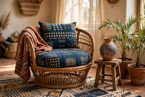 A sunlit living room: a low rattan chair with an indigo mudcloth-style cushion, a woven throw, terracotta pots with palms and a clay vase on a wooden stool. Eye-level interior photo. Indigo, terracotta, ochre and cream. Warm and relaxed. Afro-boho textile style: hand-dyed indigo resist patterns and mudcloth-inspired hand-painted marks (dots, dashes, zigzags, grids and concentric circles, generic and abstract, no sacred or ceremonial symbols, no masks) on rough handwoven cotton, terracotta, rust, ochre and deep indigo with natural rattan and clay, soft warm daylight. Textured, earthy and calm.
