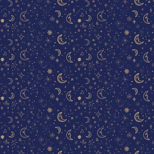 Seamless hand-drawn line pattern of tiny stars and moons, gold on navy, whimsical celestial wallpaper, evenly tiled