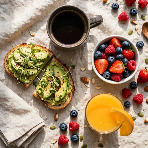 Top-down flat lay of a healthy breakfast, avocado toast, berries, coffee and orange juice on a linen cloth, fresh morning light