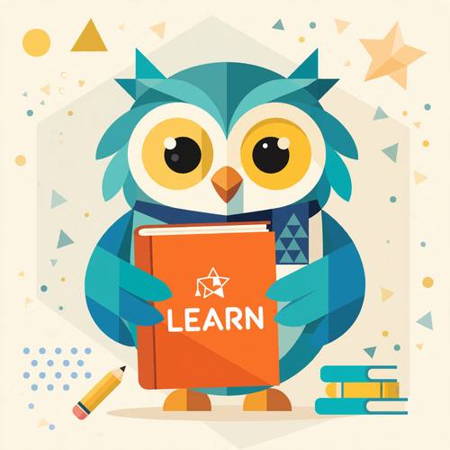 Playful owl mascot holding a book, modern flat illustration, education brand, clean geometric shapes