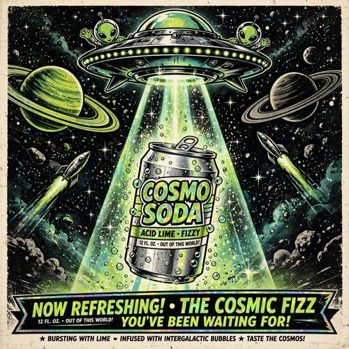 An ad for a soda called 'Cosmo Soda': a can rising in a tractor beam toward a flying saucer, ringed planets and stars behind. Straight on, the can centered. Acid lime, black and opal. Playful and fizzy. Alien-core retro sci-fi: 1950s pulp sci-fi illustration with little green aliens, flying saucers with glowing tractor beams, ringed planets and rockets, acid lime green, black and opal iridescent shimmer, a starfield, bold rocket-age display lettering, slightly grainy print texture. Playful, weird and retro-futuristic.