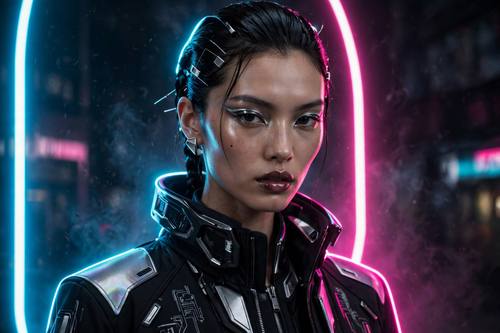 High-fashion editorial portrait with bold neon rim lighting, futuristic styling, cinematic and striking