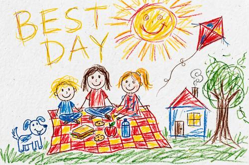 A family picnic under a big smiling sun: a checkered blanket, a dog, a red kite, a little house and a tree, the words 'BEST DAY' scrawled in the sky. Flat, kid's-eye view. Red, yellow, blue and grass green. Happy and sweet. Child's crayon drawing: waxy crayon strokes with visible streaks, coloring that goes over the lines, wobbly outlines and naive figures, bright primary colors, wobbly hand-written capital letters, plain white paper with visible grain. Joyful and innocent, like real kid art, not polished.