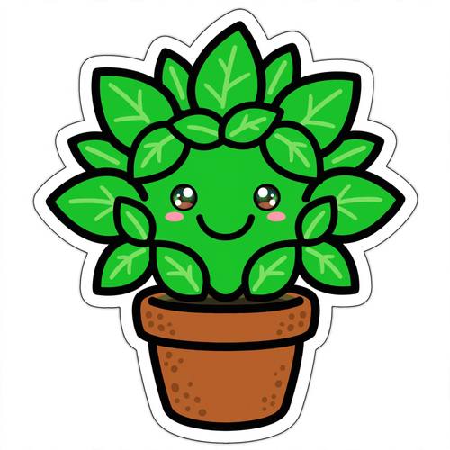 Die-cut sticker of a leafy potted plant with a happy face, flat vibrant greens, thick outline, cheerful