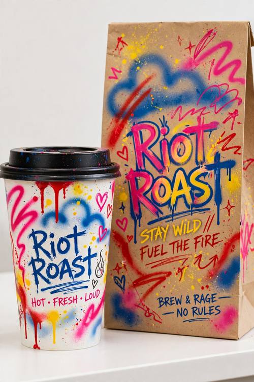 A paper coffee cup and a takeaway bag for a café called 'Riot Roast', covered in sprayed squiggles, hearts and airbrushed clouds. Eye-level product shot on a white counter. Red, hot pink and cobalt on white and kraft. Playful and raw. Spray-painted packaging photo: clean white and kraft paper packaging covered in loose spray-paint scrawls, drips, overspray mist and soft airbrush blurs in hot pink, cobalt blue, yellow and red, a few hand-scribbled words, raw and a little rebellious on otherwise neat packaging; bright, even studio light.