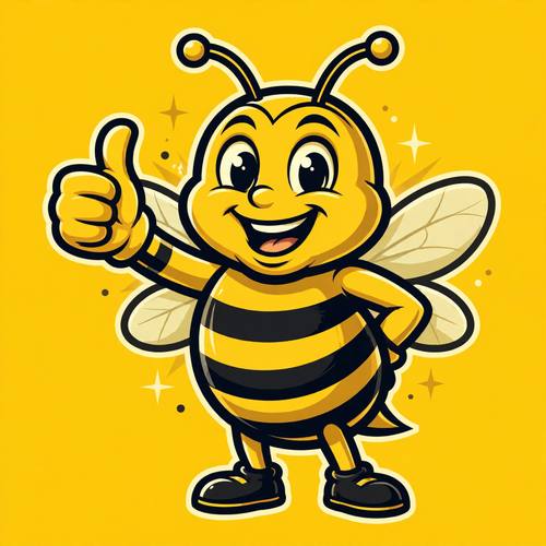 Energetic bee mascot giving a thumbs up, vector cartoon style, yellow and black, bold and friendly