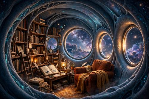 A cozy library inside a giant whale floating through a starry sky, warm glowing windows, dreamlike surreal scene