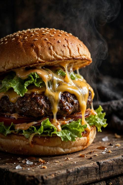 Gourmet burger with melting cheese and crisp lettuce on a wooden board, moody side light, steam, mouth-watering close-up