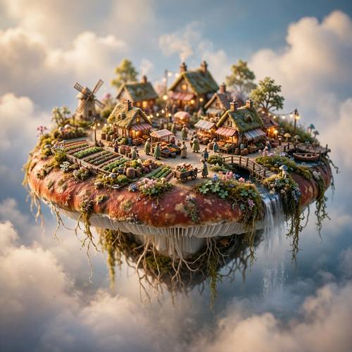 Tiny tilt-shift world of a bustling village built on a floating mushroom island, miniature diorama, soft focus, magical