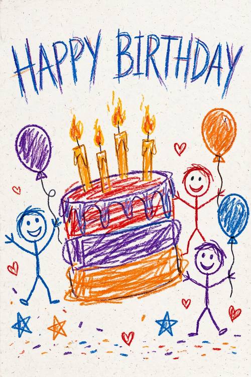 A birthday card: a lopsided three-layer cake with candles, balloons and stick-figure friends, the words 'HAPPY BIRTHDAY' wobbling across the top. Flat, centered. Red, purple, orange and blue. Proud and joyful. Child's crayon drawing: waxy crayon strokes with visible streaks, coloring that goes over the lines, wobbly outlines and naive figures, bright primary colors, wobbly hand-written capital letters, plain white paper with visible grain. Joyful and innocent, like real kid art, not polished.