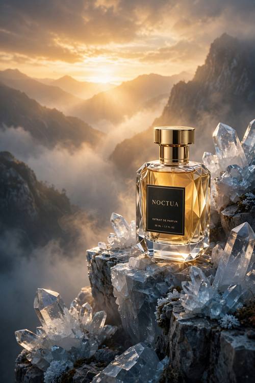 Luxury perfume bottle on a crystal cliff at golden hour, cinematic product photography, dramatic light, mist, premium mood