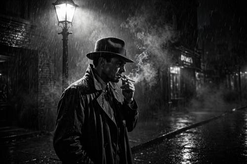 Film noir detective under a streetlight in the rain, black and white, hard shadows, smoke, dramatic contrast