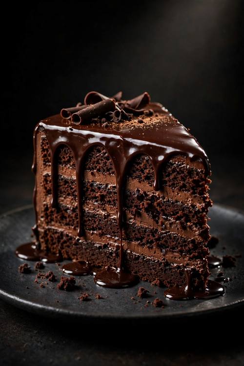Slice of layered chocolate cake with a glossy ganache drip on a plate, dramatic dark background, rich and decadent, spotlight