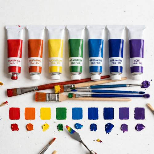 Flat lay of art supplies, paint tubes, brushes and color swatches arranged by hue on white paper, crisp studio light