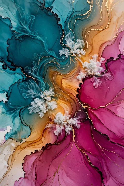 A phone wallpaper of teal and magenta ink pools meeting along thin gold veins, soft white blooms between them, no text. Vertical, full bleed. Teal, magenta, amber and gold. Fluid. Alcohol-ink painting: saturated ink pools with crisp dark rims, soft white blooms where the ink pushed back, thin flowing gold veins, rich teal, magenta and amber blending at the edges, glossy synthetic paper, any words in a clear calm area in an elegant serif. Fluid, organic and luxurious.