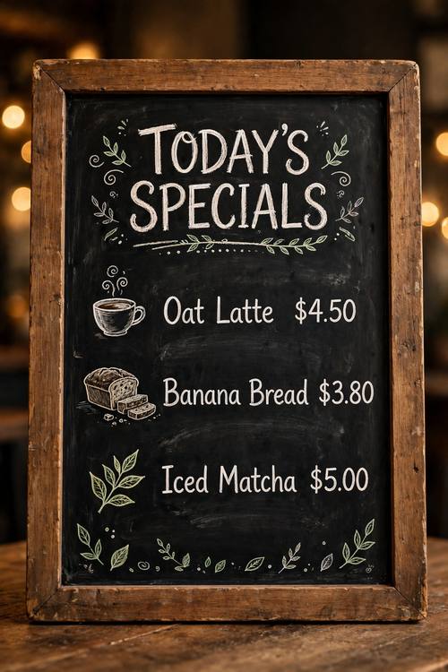 A café chalkboard menu titled 'TODAY'S SPECIALS' in hand-lettered chalk, three items with prices: 'Oat Latte $4.50', 'Banana Bread $3.80', 'Iced Matcha $5.00', small chalk doodles of a coffee cup and leaves, warm wooden frame, cozy light.