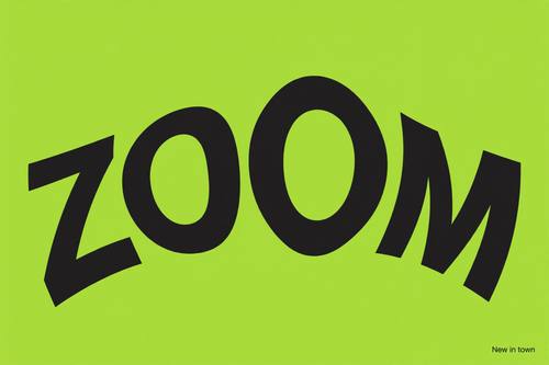 A banner with the word 'ZOOM' bulging out in the middle as if seen through a fisheye lens, the small line 'New in town' in the corner. Straight on, centered. Black on lime. Punchy. Warped type poster: one bold hero word stretched, squeezed, bulged or bent along a wave, like flat type pulled through an envelope distortion, flat 2D letters (not 3D), only one or two flat colors, lots of empty space around the word, small plain sans-serif details in one corner, clean flat print. Graphic and playful.