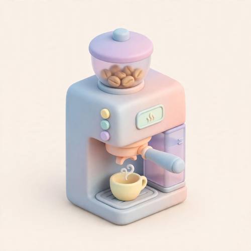 Isometric 3D icon of a coffee machine, soft gradient colors, smooth clay render, subtle shadows, isolated on a light background