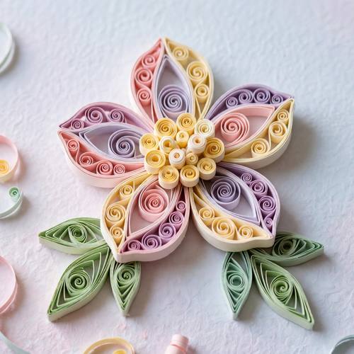 Paper quilling flower on a pastel background, rolled paper strips, intricate coils, soft shadows, delicate handmade craft