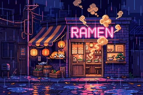 A cozy ramen shop on a rainy street at night: glowing paper lanterns, steam from the doorway, a cat sheltering under the awning, a pixel sign reading 'RAMEN'. Side-on view like a game level. Indigo, neon pink and warm orange. Cozy and nostalgic. Pixel art: crisp 16-bit retro video game graphics, every shape built from visible square pixels with no anti-aliasing or blur, a limited arcade palette, chunky pixel borders and blocky bitmap lettering, flat colors with simple dithered shading. Clean and sharp, no smooth gradients, no 3D.