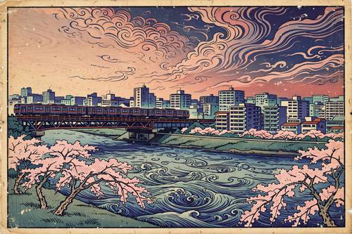 A modern city river at dusk: an elevated train crossing a bridge, apartment blocks and cherry trees along the bank, swirling clouds and a graded peach sky. Wide view from the riverbank. Indigo, peach and cherry pink. Wistful. Japanese ukiyo-e woodblock print: flat areas of color with bold dark outlines, stylized curling water and swirling clouds, soft graded skies, visible woodgrain in the color areas, muted indigo, rust red, pale green and cream, aged and slightly yellowed paper with soft wear. An original composition with a traditional printmaking look; no shrines, no religious symbols, no 3D.