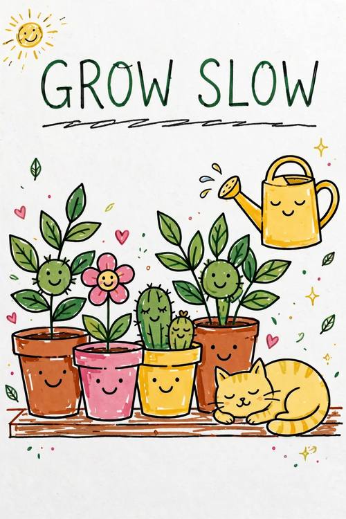 A phone story of a sunny windowsill crowded with smiling plant pots, a sleepy cat and a watering can, the words 'GROW SLOW' along the top. Vertical, flat. Leaf green, terracotta, pink and yellow. Gentle and cheerful. Naive doodle illustration: clean, wobbly black felt-tip pen outlines, uneven flat saturated fills that leave small white gaps at the edges, lopsided cheerful figures and objects, handwritten capital letters, plain white paper. Smooth marker ink, no crayon wax, no shading, no 3D. Charming and imperfect.