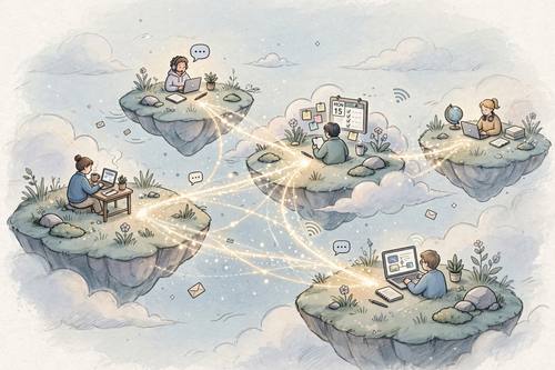 Editorial illustration of remote work and connection, tiny people on floating islands linked by bridges of light, calm palette