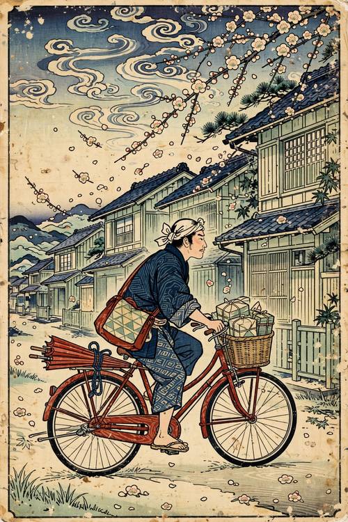 A delivery cyclist riding past wooden houses through falling plum blossoms, a red umbrella tied to the bike, small swirling clouds above. Side view, the cyclist mid-frame. Rust red, indigo and cream. Lively. Japanese ukiyo-e woodblock print: flat areas of color with bold dark outlines, stylized curling water and swirling clouds, soft graded skies, visible woodgrain in the color areas, muted indigo, rust red, pale green and cream, aged and slightly yellowed paper with soft wear. An original composition with a traditional printmaking look; no shrines, no religious symbols, no 3D.