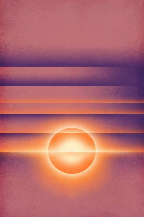 A glowing abstract sun sinking into soft horizontal bands. Warm orange fading to violet on dusty rose. Contemporary graphic poster: bold flat shapes with soft, blurred, glowing edges, heavy grain over everything, generous negative space, centered composition, no text or letters.