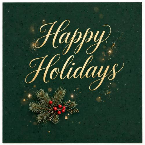 A seasonal greeting post: 'Happy Holidays' in elegant gold script on deep forest green, a few sparkles and a small sprig of pine with red berries, like a printed greeting card, warm and festive.