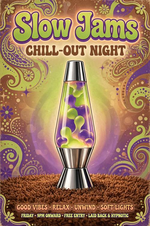 A poster for a chill-out night: a tall lava lamp glowing lime and violet on a shag-carpet floor, the rounded 70s words 'Slow Jams' above. Straight on, centered. Lime, violet and brown. Groovy and warm. Lava lamp glow: slow, soft wax blobs floating and merging in glowing liquid, two warm saturated tones such as magenta and orange or lime and violet, smooth radial glow halos, a tapered glass vessel with a chrome base when the lamp is shown, rounded 1970s display lettering for any words, smooth and dreamy. Retro, warm and hypnotic.