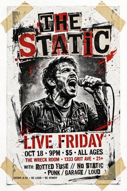 A gig flyer for a garage band called 'The Static': a halftone photo of a shouting singer, the band name in ransom-note letters, 'LIVE FRIDAY' in stencil type, tape at the corners. Straight on, crooked layout. Black and red on white. Rowdy. Punk photocopy zine page: black xerox ink on white paper plus one spot color, heavy toner noise, streaks and speckles, high-contrast threshold halftone photos, cut-and-paste ransom-note letters and stencil type, crooked cut-off margins, scraps of tape. Raw, loud and DIY; flat paper photographed straight on.