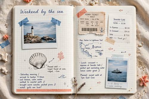 A two-page spread about a weekend by the sea: a taped instant photo of a lighthouse, a ferry ticket, a pressed shell sketch, a small map doodle and the handwritten title 'Weekend by the sea'. Overhead. Sea blue, sand and coral. Relaxed and personal. Travel journal page: an open notebook with ruled or grid paper, neat handwritten notes in pen, ticket stubs, receipts and taped instant photos, small ink doodles and arrows, washi tape strips, photographed flat from above in soft daylight. Tidy and personal, a neat page rather than a messy collage.