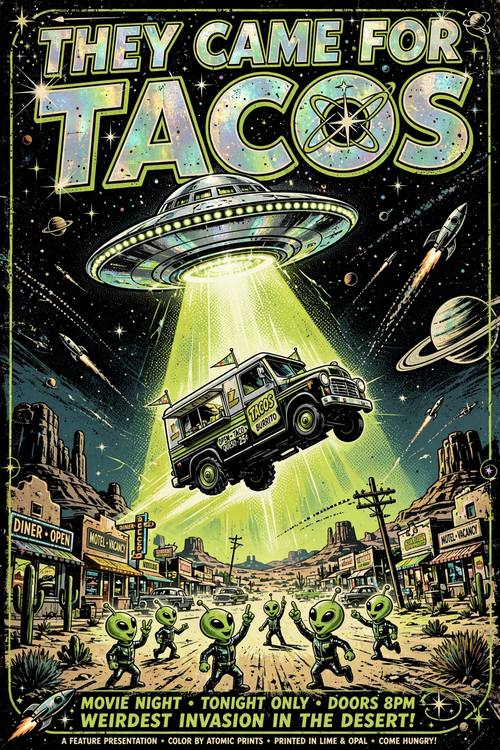 A movie-night poster: a flying saucer beaming up a taco truck over a desert town, little green aliens waving, the rocket-age title 'THEY CAME FOR TACOS' across the top. Low angle. Lime, black and opal shimmer. Funny and weird. Alien-core retro sci-fi: 1950s pulp sci-fi illustration with little green aliens, flying saucers with glowing tractor beams, ringed planets and rockets, acid lime green, black and opal iridescent shimmer, a starfield, bold rocket-age display lettering, slightly grainy print texture. Playful, weird and retro-futuristic.