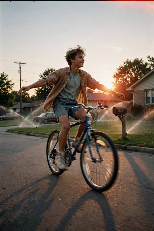 A teenager riding a bicycle no-handed down a quiet suburban street in summer, 1990s, sprinklers running on the lawns. Low three-quarter angle, a little motion blur in the wheels. Late-afternoon sun low behind him, long shadows. Lawn green, faded sky blue and sunburnt orange. Free, lazy summer feeling. A real snapshot scanned from 35mm color negative film: coarse grain across the whole image, faded warm colors with a slight green cast in the shadows, milky lifted blacks, a faint red glow around bright lights, soft focus, amateur framing. Not sharp, not glossy, not HDR, not a modern digital photo.