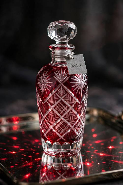 A ruby cut-glass perfume bottle with a faceted stopper on a mirror tray, red caustics scattered around it, the tiny serif word 'Rubis' engraved on a tag. Eye level, centered. Ruby, clear crystal and soft gray. Luxurious. Japanese-style cut glass photo: deep cobalt or ruby overlay glass cut back to clear in fine diamond grids, star bursts and basket-weave lines, light passing through the cuts and throwing sparkling colored caustics on the surface below, crisp glints, a dark or softly lit backdrop, sharp macro detail. Elegant and jewel-like.