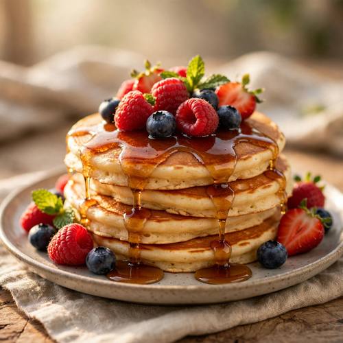 Stack of fluffy pancakes with dripping maple syrup and fresh berries, warm morning light, appetizing food photography, shallow depth