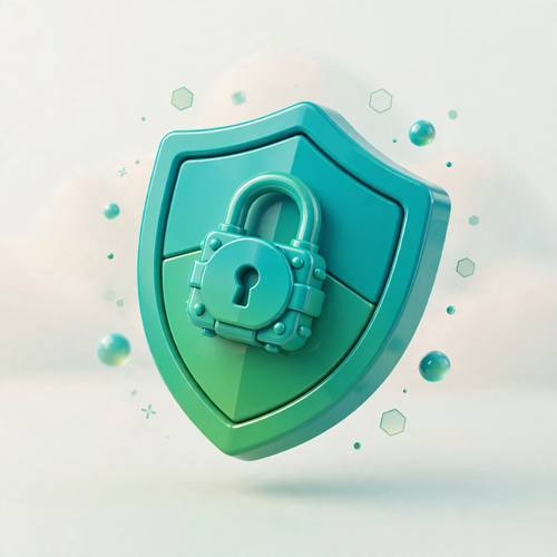 Isometric 3D security shield and lock, teal and green gradients, glossy plastic material, floating on a soft background
