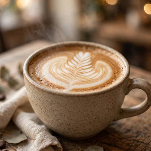 Artisan latte with delicate leaf latte art in a ceramic cup, soft cafe light, cozy close-up, warm tones