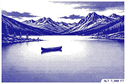 A mountain lake at dawn with a lone canoe, the small caption 'ALT 7,900 FT' in a corner. Wide, low horizon. Deep blue on white. Still and lo-fi. 1-bit dithered image: a photo converted to an ordered Bayer dither in only two flat colors, the tones built from tiny visible square dither dots, no grays, no gradients, crisp pixels, a small monospace caption, stark graphic contrast. Digital, lo-fi and poster-like.