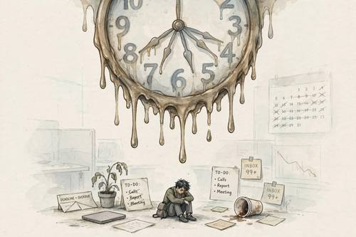 Editorial illustration of workplace burnout, a tiny person under a heavy melting clock, muted palette, conceptual, blog header style