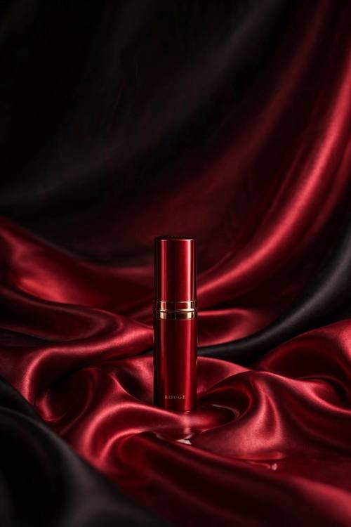 A deep red lipstick standing on pooled ruby satin, soft highlights rolling along the folds. Eye level, centered, plenty of space above. Ruby and black. Sensual. Liquid satin photo: pooled, fluid silk satin with soft glossy folds and long specular highlights, the subject resting on it (not thrown mid-air), champagne, ruby or ink-black satin, soft directional studio light, a hairline high-contrast serif for any words, lots of calm space. Sensual, luxurious and refined.