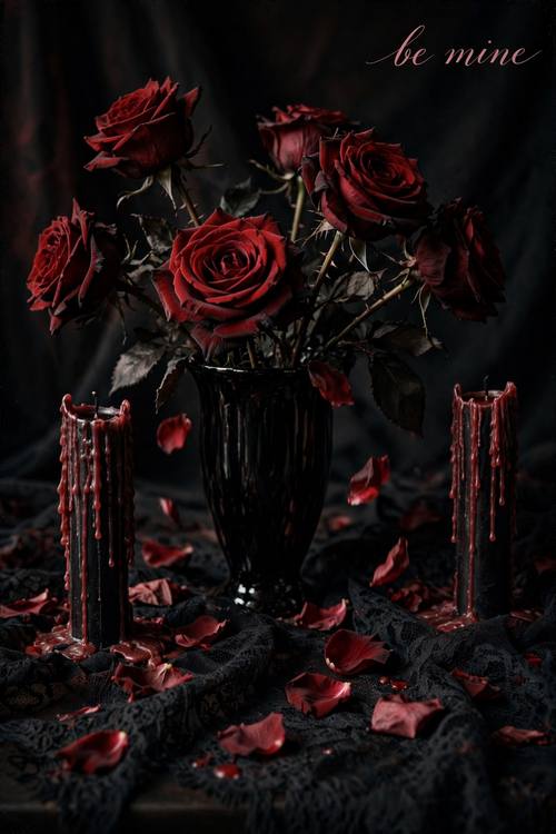 A Valentine's still life: dark red roses in a black vase, dripping candles, scattered petals on black lace, the script 'be mine' in dusty rose in the corner. Close, eye level. Blood red, black and dusty rose. Moody and romantic. Dark romance photo: moody low-key light with deep shadows and a soft vignette, black lacquer, blood red and dusty rose, roses with falling petals, dripping candles, thorny stems and black lace, a romantic serif or delicate script for any words, rich velvety texture and fine film grain. Gothic, sensual and elegant.
