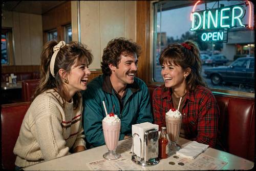 Friends laughing in a vinyl booth at a roadside diner at dusk, 1980s clothes and hair, milkshakes and a chrome napkin holder on the table. Medium-wide candid shot from across the aisle, eye level. Soft on-camera flash mixed with neon from the window. Cherry red, cream, teal and warm brown. Carefree and nostalgic. A real snapshot scanned from 35mm color negative film: coarse grain across the whole image, faded warm colors with a slight green cast in the shadows, milky lifted blacks, a faint red glow around bright lights, soft focus, amateur framing. Not sharp, not glossy, not HDR, not a modern digital photo.