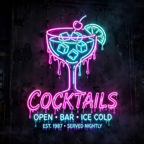 Neon cocktail glass sign with dripping neon, magenta and cyan, dark background, retro bar signage, glowing halation