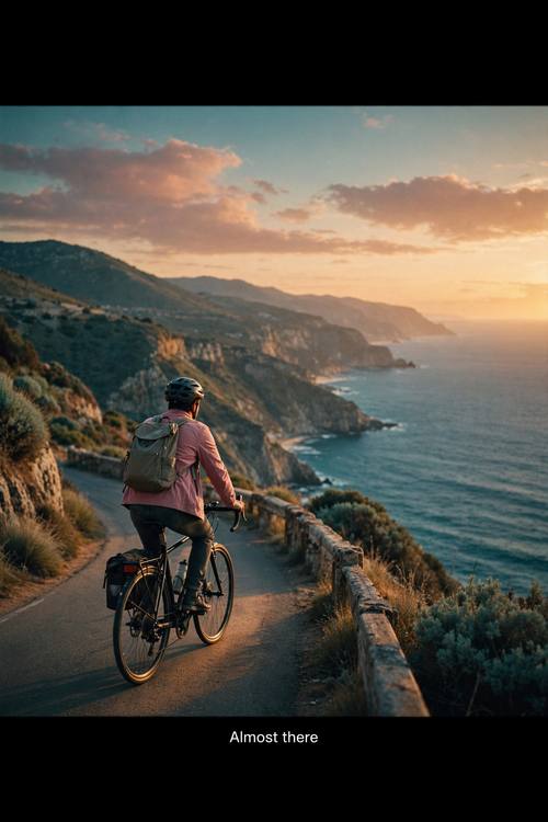 A man on a bicycle on a coastal road at golden hour, the sea far below, the subtitle 'Almost there'. Vertical frame, wide shot from behind. Amber, sea teal and dusty pink. Hopeful. Cinematic film still: a frame paused from an indie film, black letterbox bars at top and bottom, warm film grain and a soft teal-and-amber grade, natural motivated light, shallow depth of field, a single line of white subtitle text centered near the bottom. Quiet and cinematic, a real photograph.