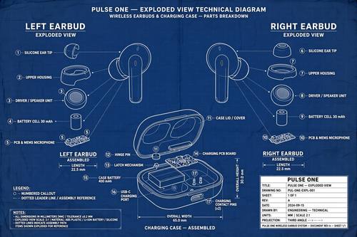 An exploded view of wireless earbuds called 'Pulse One' and their charging case, parts floating apart along dotted lines, numbered callouts and a title block reading 'PULSE ONE'. Straight-on technical view. White lines on deep blueprint blue. Precise and clever. Blueprint technical drawing: crisp thin outline drawings in only two colors, exploded views, dimension lines, dotted leader lines ending in small dots, numbered callout circles, small monospace capital labels, a strict grid and a title block in the corner, faint paper grain. Precise, no shading, no photorealism.